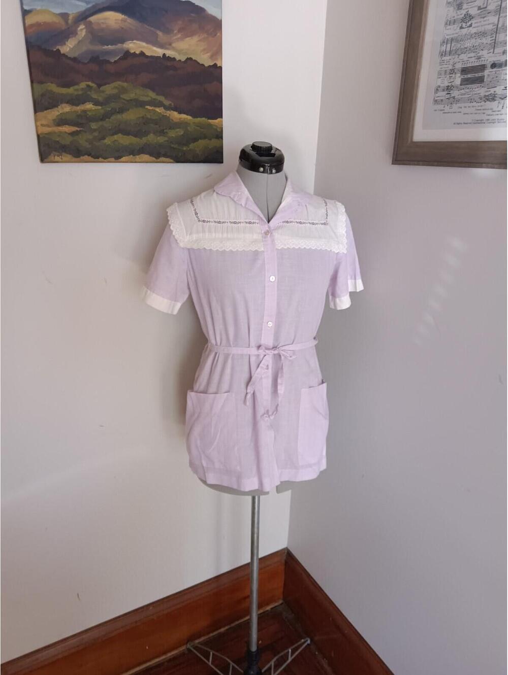 Vintage Cottagecore Blouse Vintage Purple Lace Short Sleeve Striped Shirt Sz S
